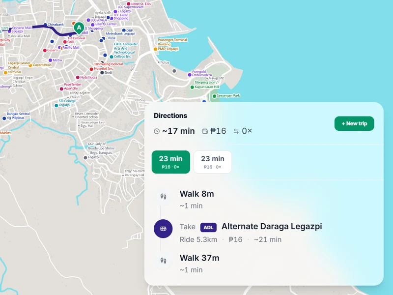 komyut.online showing a jeepney route across Legazpi City with travel time and fare